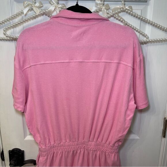 The Good American Terry Cloth Cinched Waist Pink Romper Short Sleeves - Picture 14 of 16